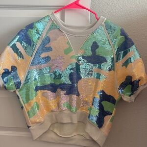 QUEEN OF SPARKLES camouflage Multicolor Sequin Crop Top